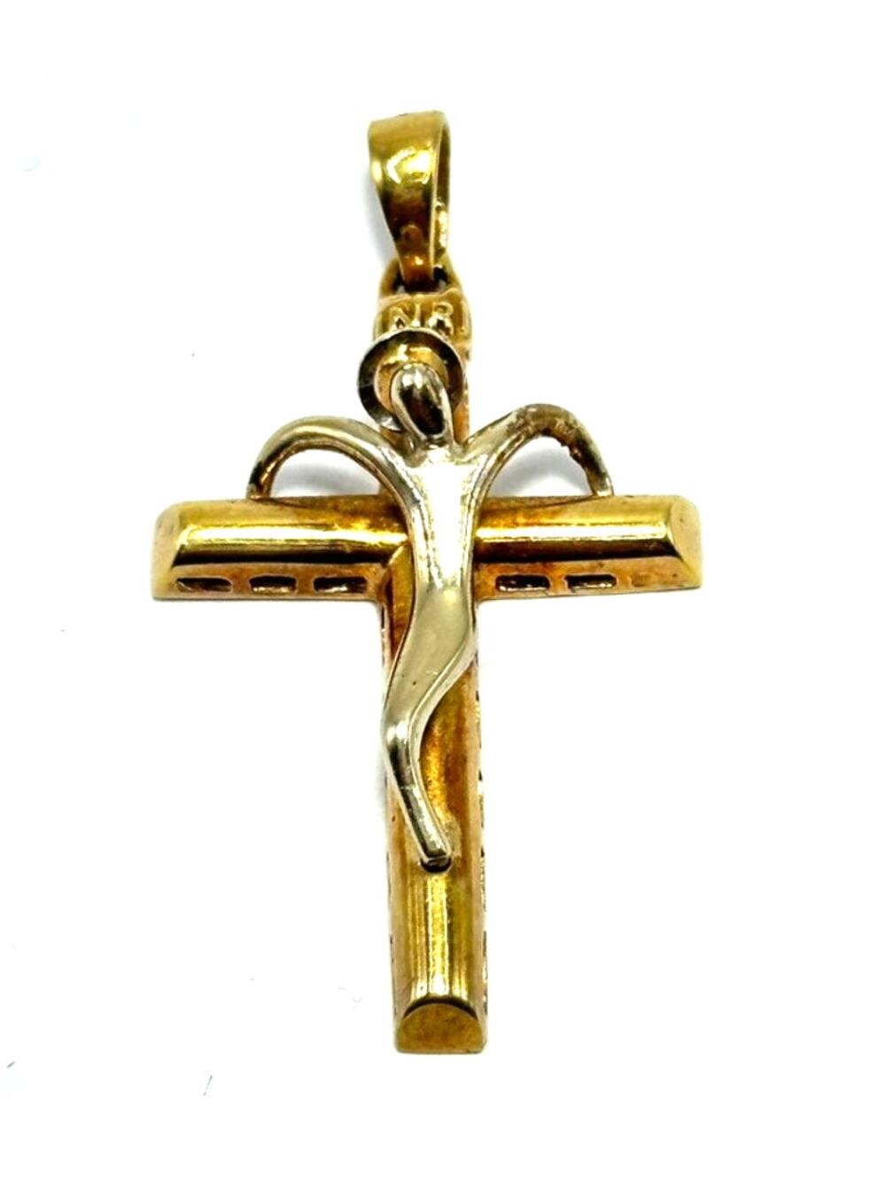 14k TwoTone Crucifix Pendant, Yellow and White Gold  Cross Necklace Charm,